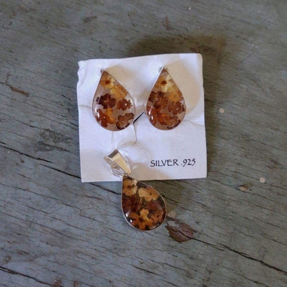 VTG 925 Sterling Pressed Flowers Earrings Pendant SET 🌺 - Picture 2 of 10